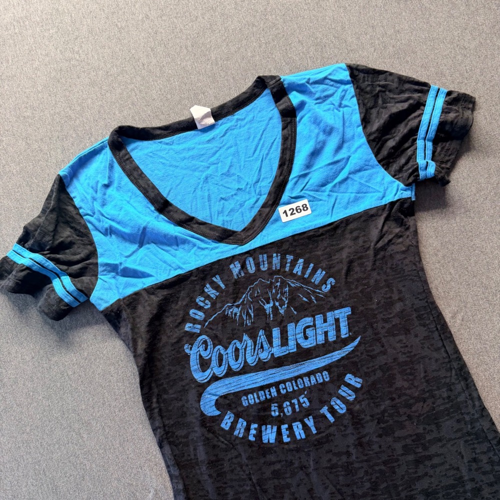 Coors Light Brewery Tour Shirt Mens XL Blue Black Burnout V-Neck Made in USA